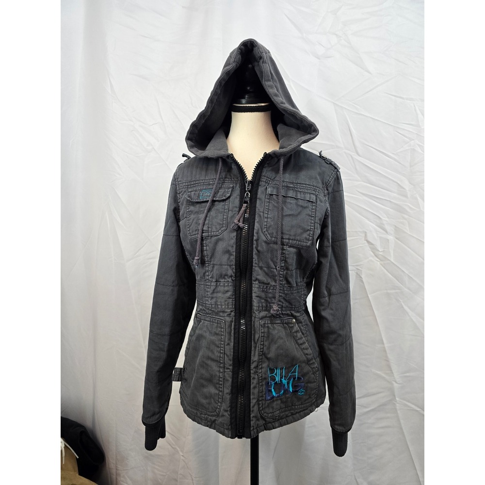 Billabong Womens Grey Herringbone Utility Jacket Hooded Flannel Lined J711CNAP M